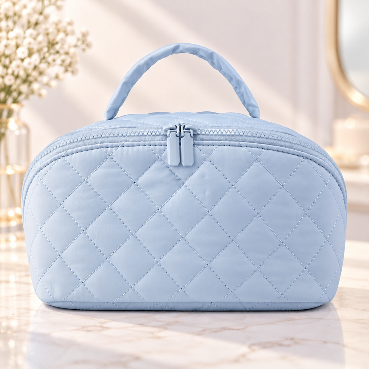Travel Makeup Bag. Puffy Padded Make Up Bags for Women. Wide Open Lay-Flat Cosmetic Pouch. Waterproof Cosmetic Organizer.