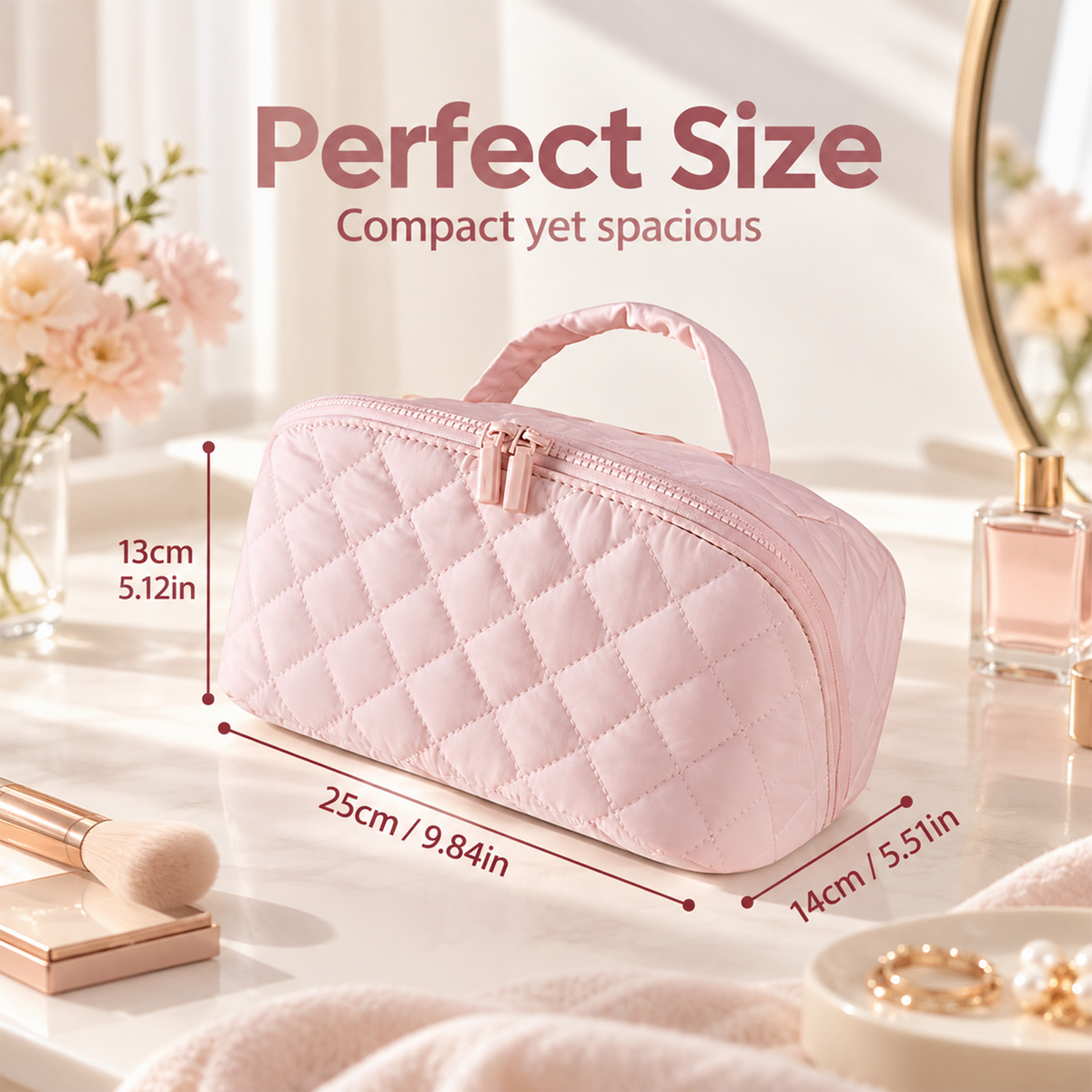 Travel Makeup Bag. Puffy Padded Make Up Bags for Women. Wide Open Lay-Flat Cosmetic Pouch. Waterproof Cosmetic Organizer.