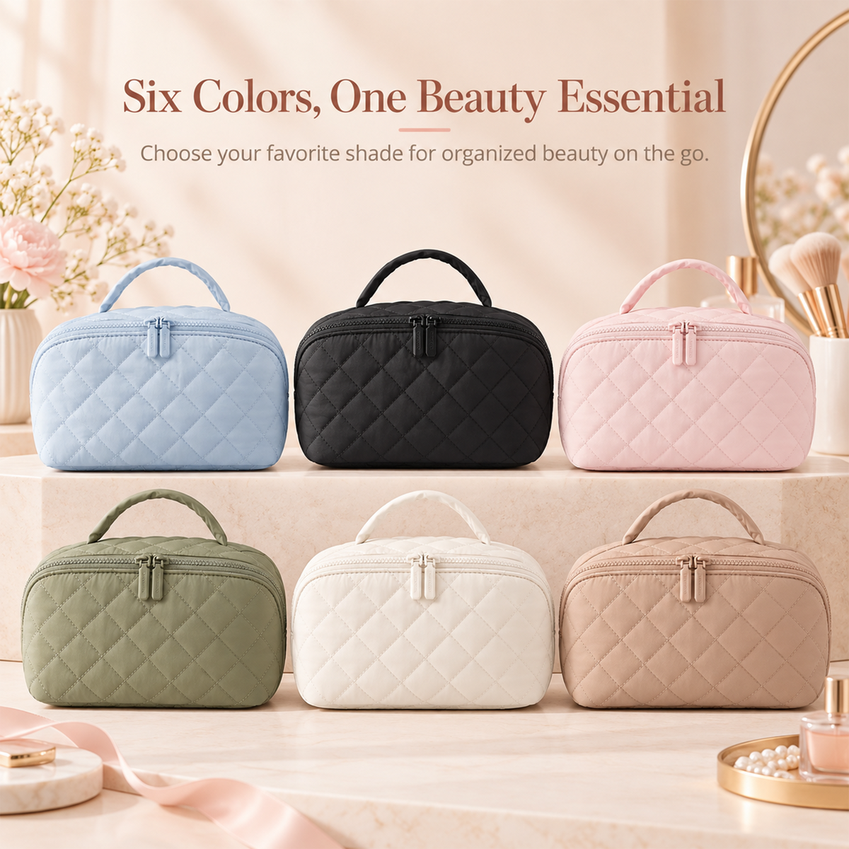 Travel Makeup Bag. Puffy Padded Make Up Bags for Women. Wide Open Lay-Flat Cosmetic Pouch. Waterproof Cosmetic Organizer.