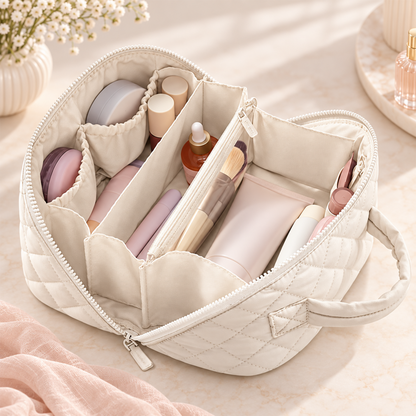 Travel Makeup Bag. Puffy Padded Make Up Bags for Women. Wide Open Lay-Flat Cosmetic Pouch. Waterproof Cosmetic Organizer.