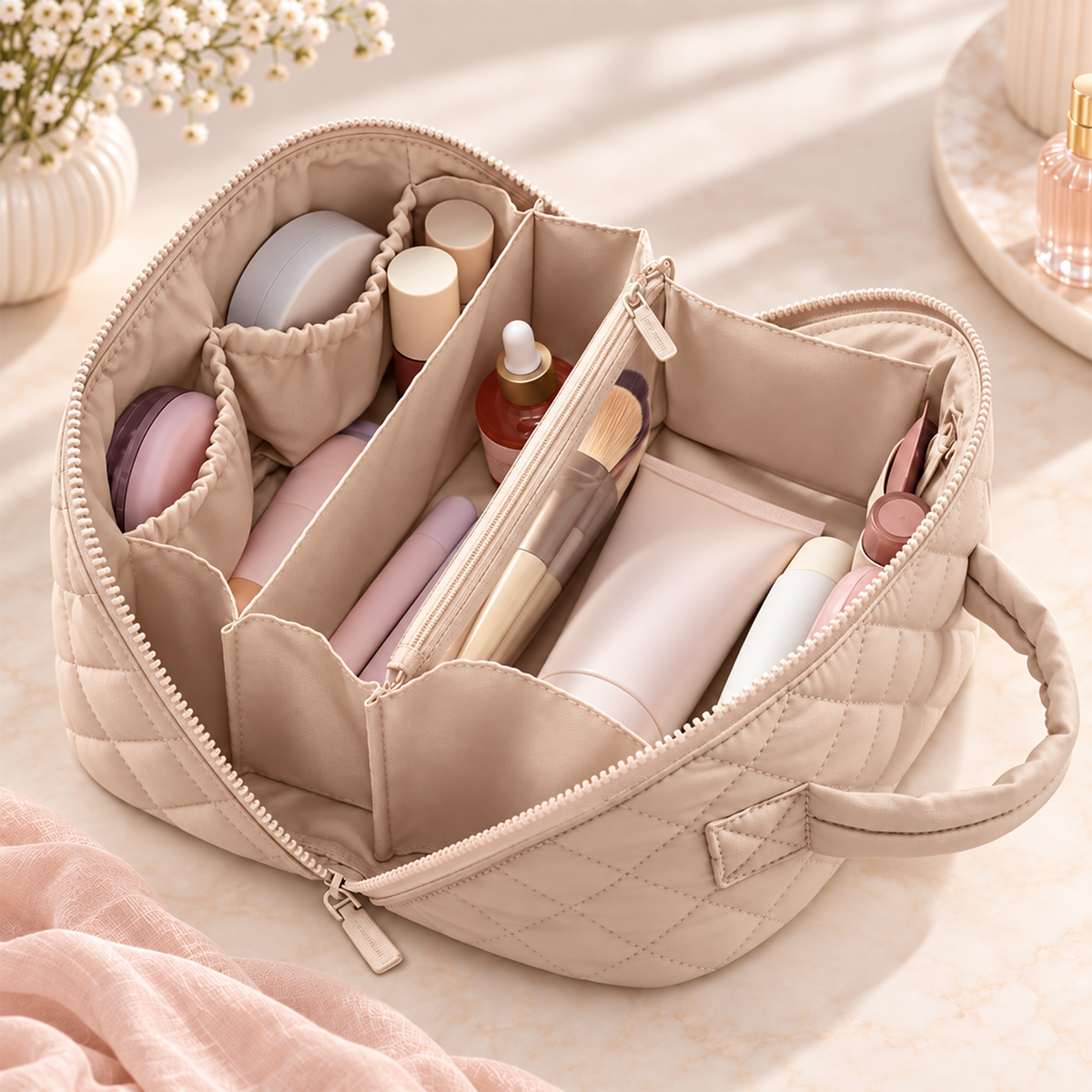 Travel Makeup Bag. Puffy Padded Make Up Bags for Women. Wide Open Lay-Flat Cosmetic Pouch. Waterproof Cosmetic Organizer.