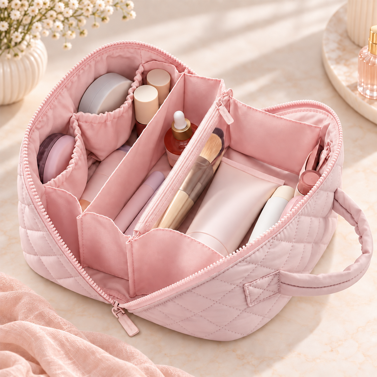 Travel Makeup Bag. Puffy Padded Make Up Bags for Women. Wide Open Lay-Flat Cosmetic Pouch. Waterproof Cosmetic Organizer.