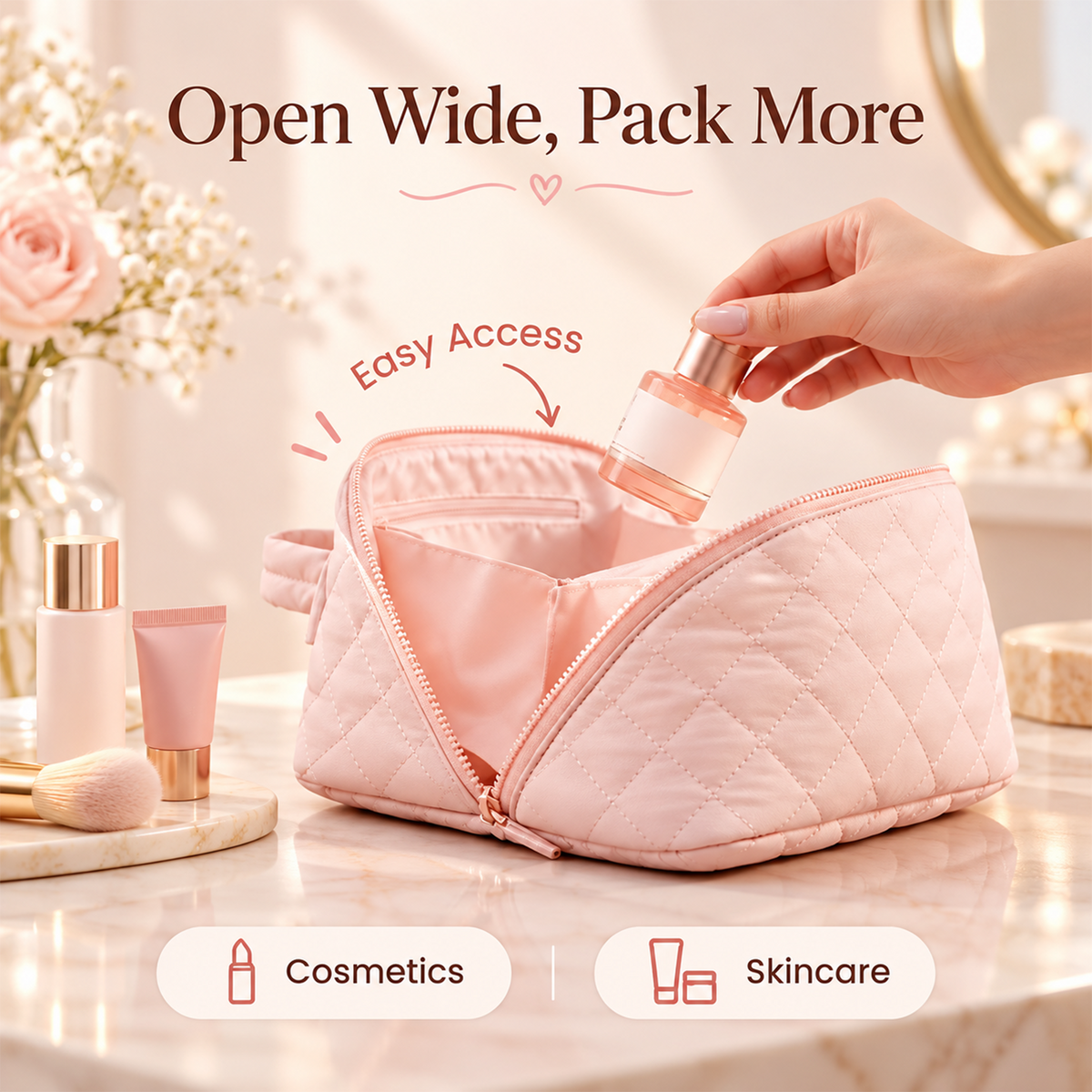 Travel Makeup Bag. Puffy Padded Make Up Bags for Women. Wide Open Lay-Flat Cosmetic Pouch. Waterproof Cosmetic Organizer.