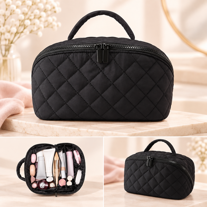 Travel Makeup Bag. Puffy Padded Make Up Bags for Women. Wide Open Lay-Flat Cosmetic Pouch. Waterproof Cosmetic Organizer.