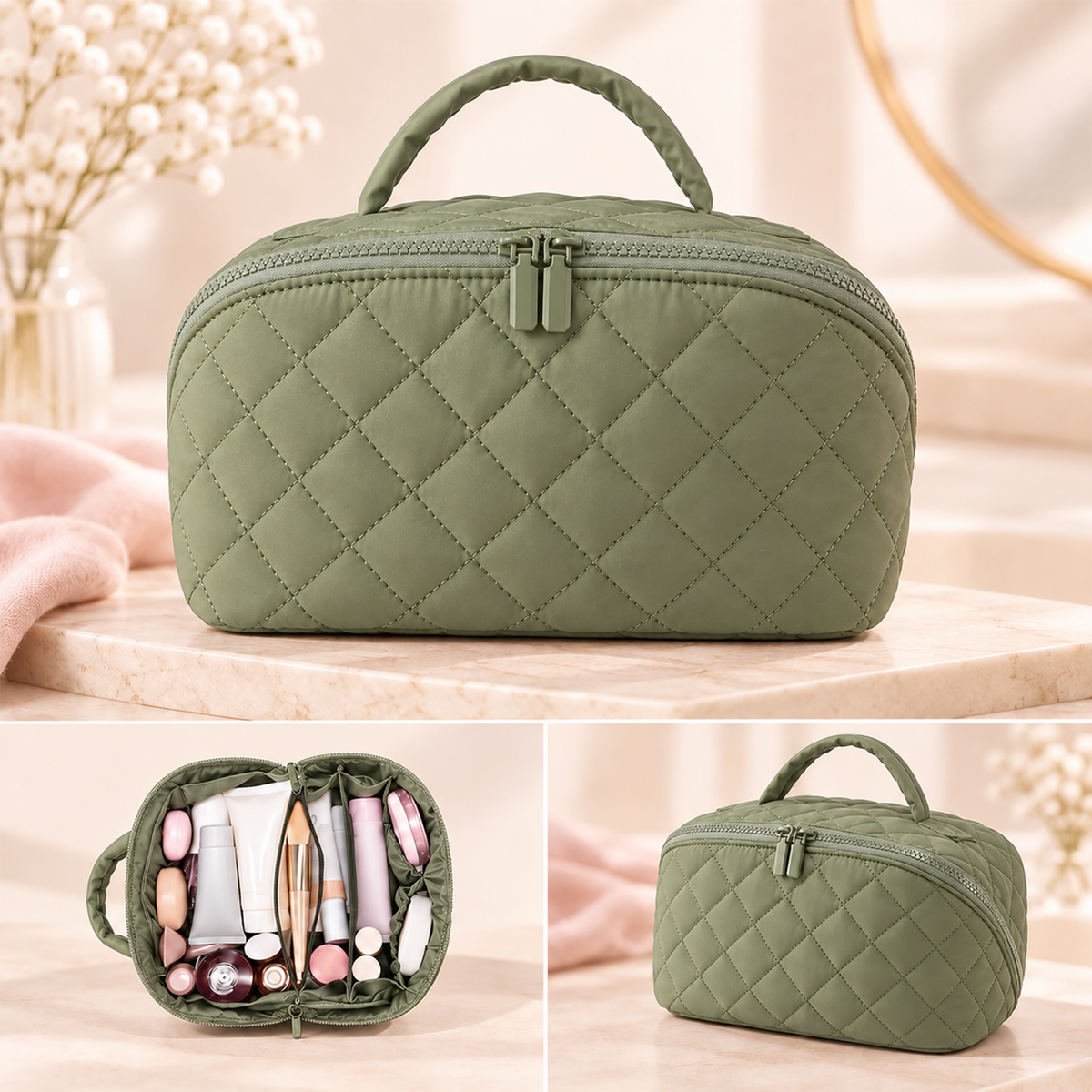 Travel Makeup Bag. Puffy Padded Make Up Bags for Women. Wide Open Lay-Flat Cosmetic Pouch. Waterproof Cosmetic Organizer.
