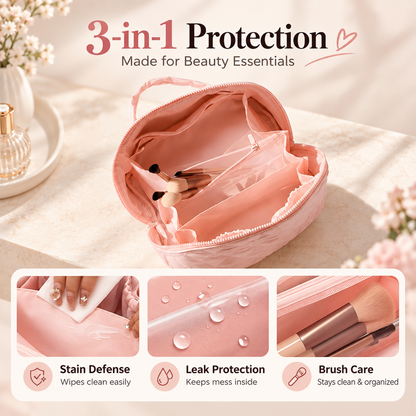 Travel Makeup Bag. Puffy Padded Make Up Bags for Women. Wide Open Lay-Flat Cosmetic Pouch. Waterproof Cosmetic Organizer.