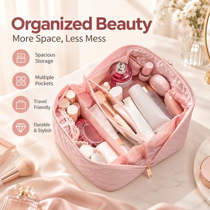 Travel Makeup Bag. Puffy Padded Make Up Bags for Women. Wide Open Lay-Flat Cosmetic Pouch. Waterproof Cosmetic Organizer.