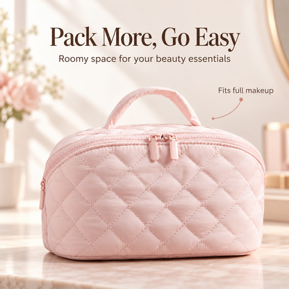 Travel Makeup Bag. Puffy Padded Make Up Bags for Women. Wide Open Lay-Flat Cosmetic Pouch. Waterproof Cosmetic Organizer.