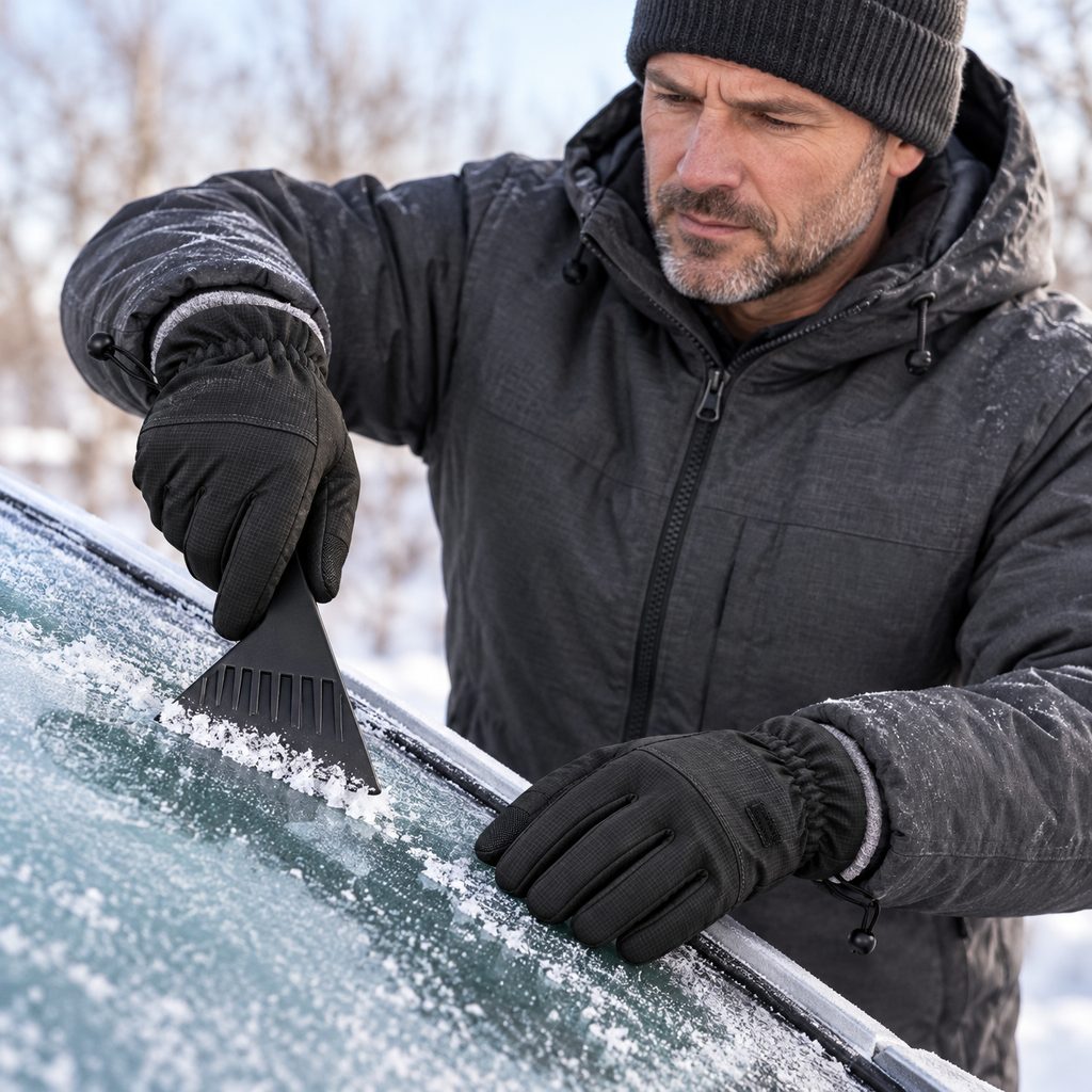 Scraping ice off the windshield