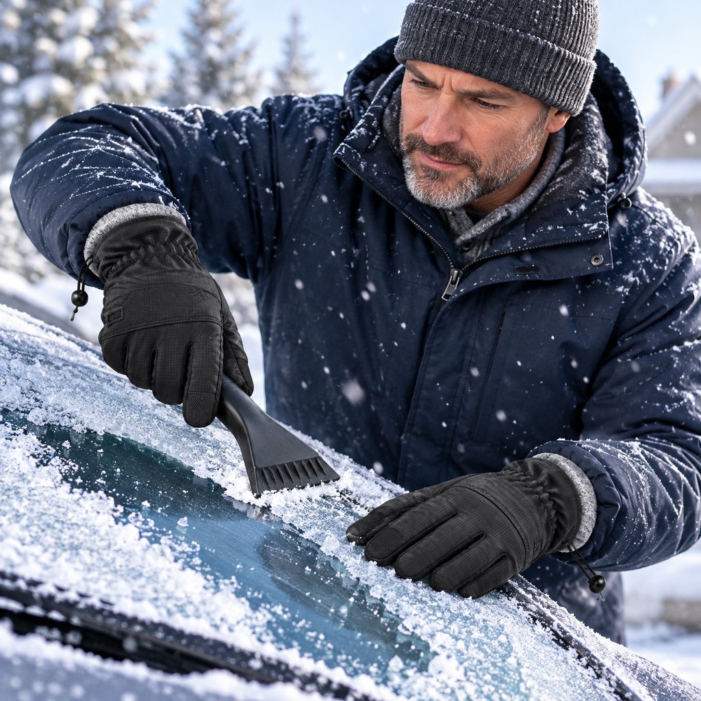 Scraping ice off the windshield